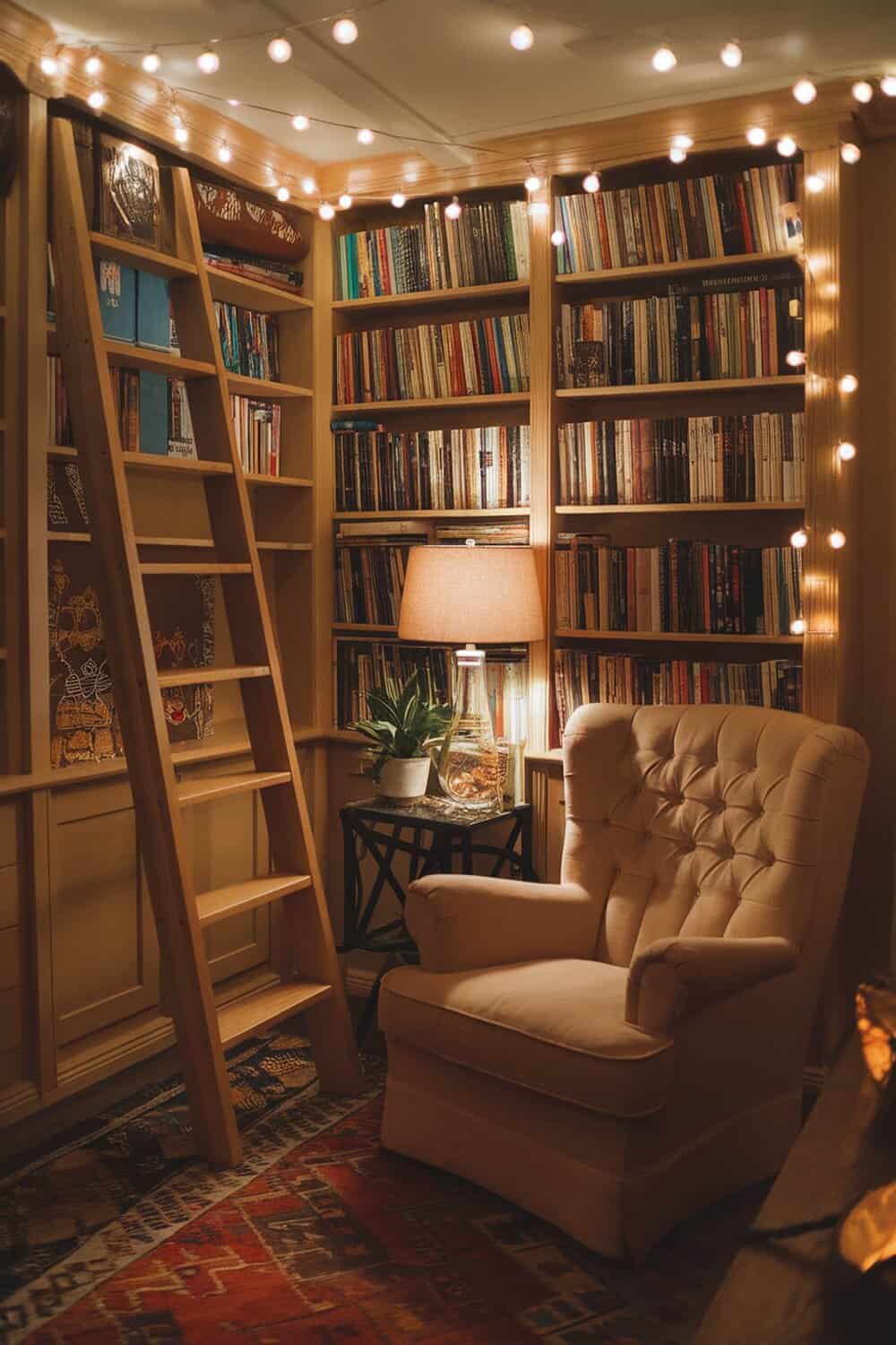 Cozy room with string lights illuminating bookshelves and a comfortable chair.