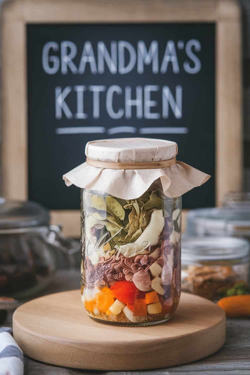 A jar filled with colorful ingredients, labeled with 'Grandma's Kitchen' on a chalkboard background.