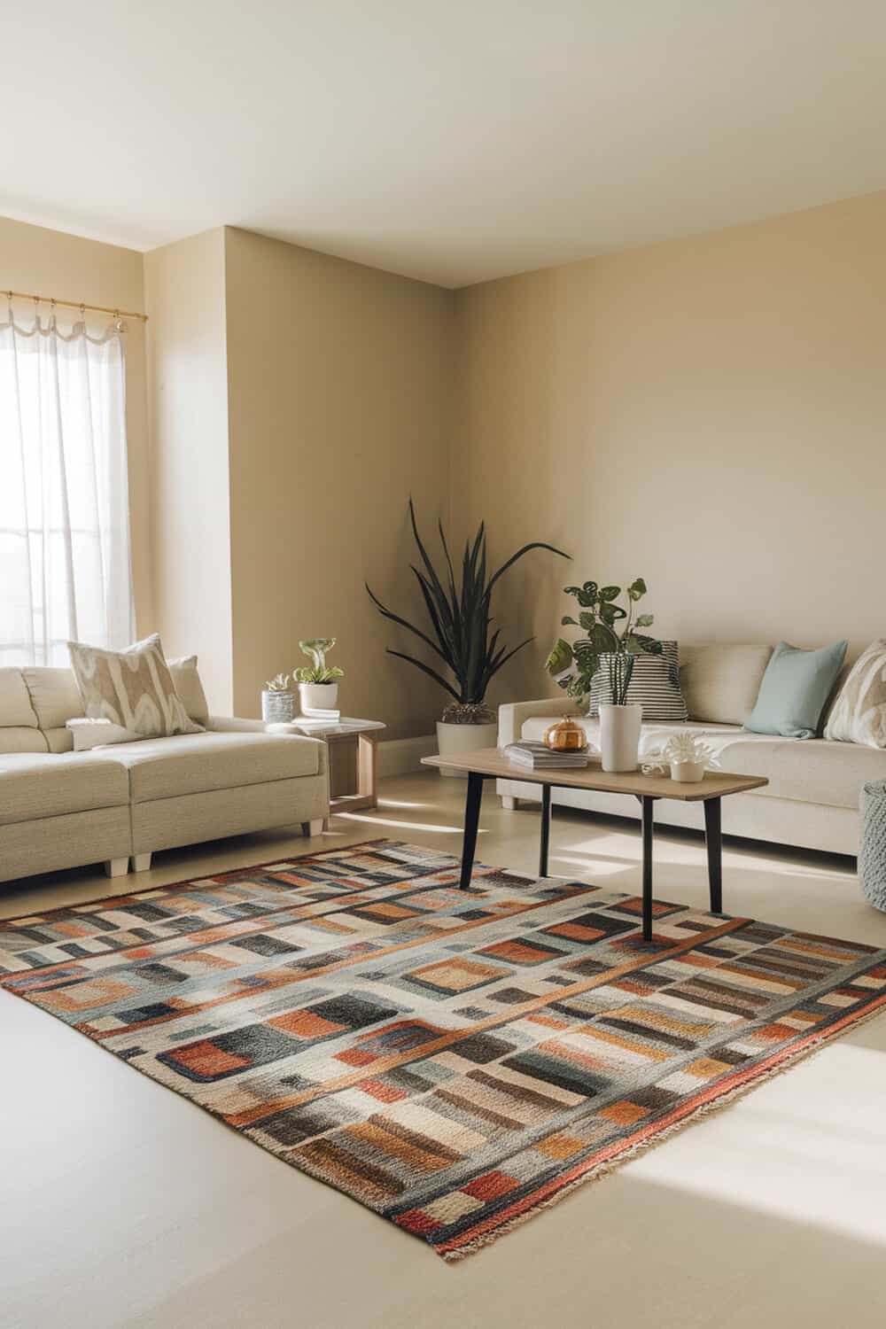 A bright area rug with geometric patterns in a living room setting.