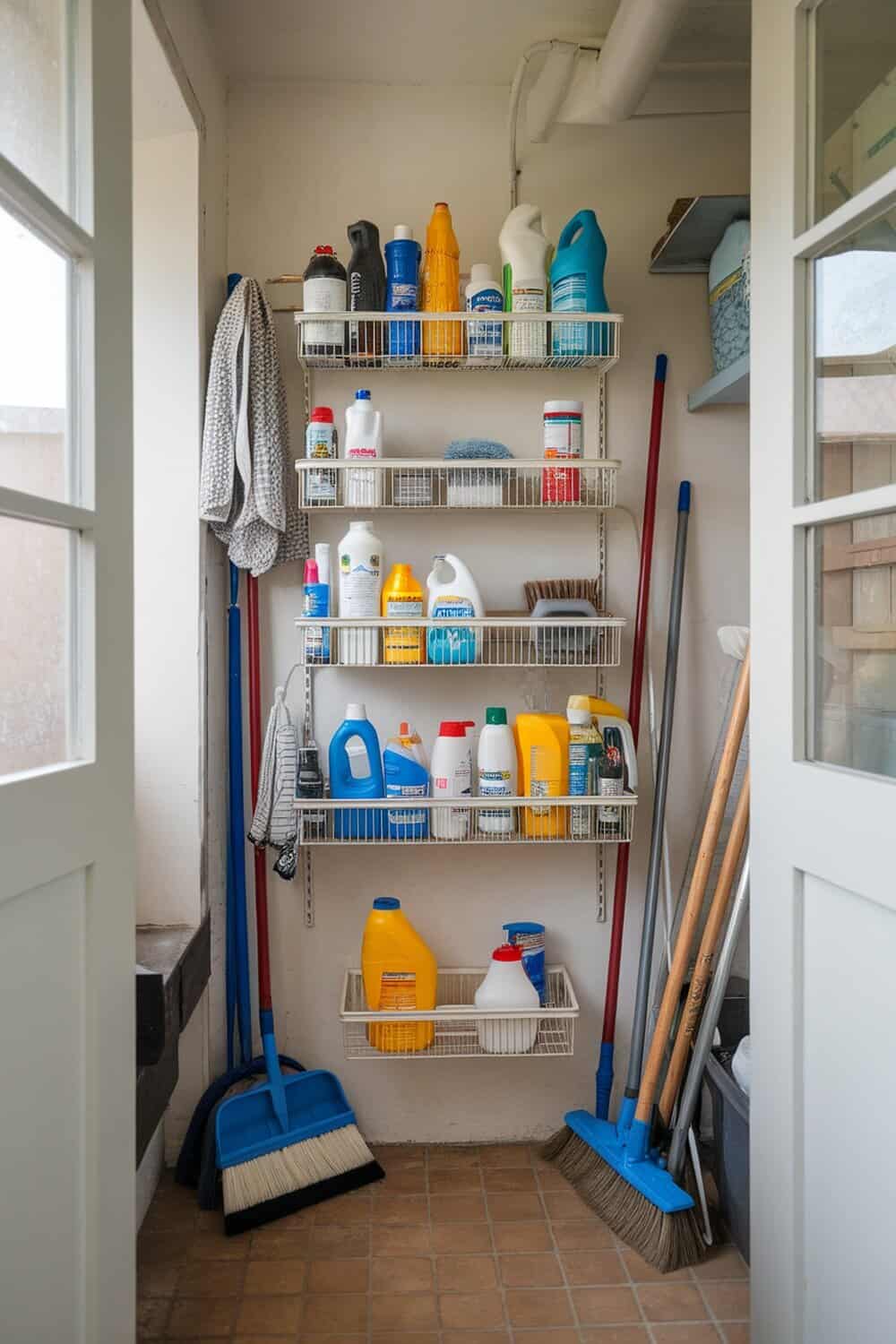 A well-organized cleaning supply area with wall-mounted racks holding various cleaning products.