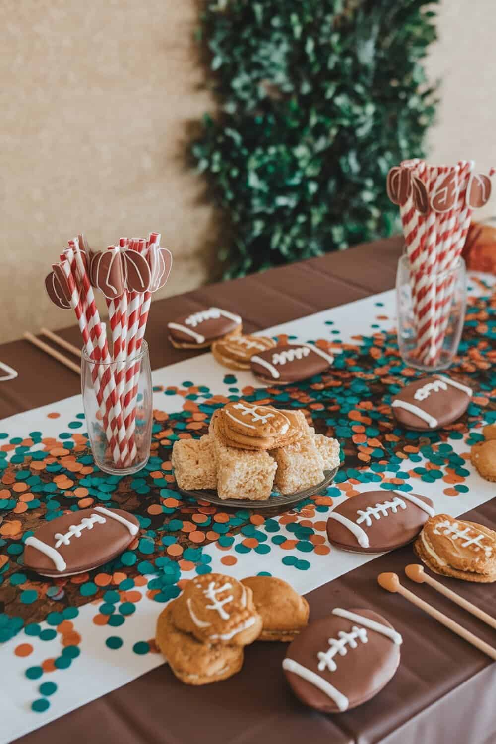 A festive football-themed table setup with confetti accents.