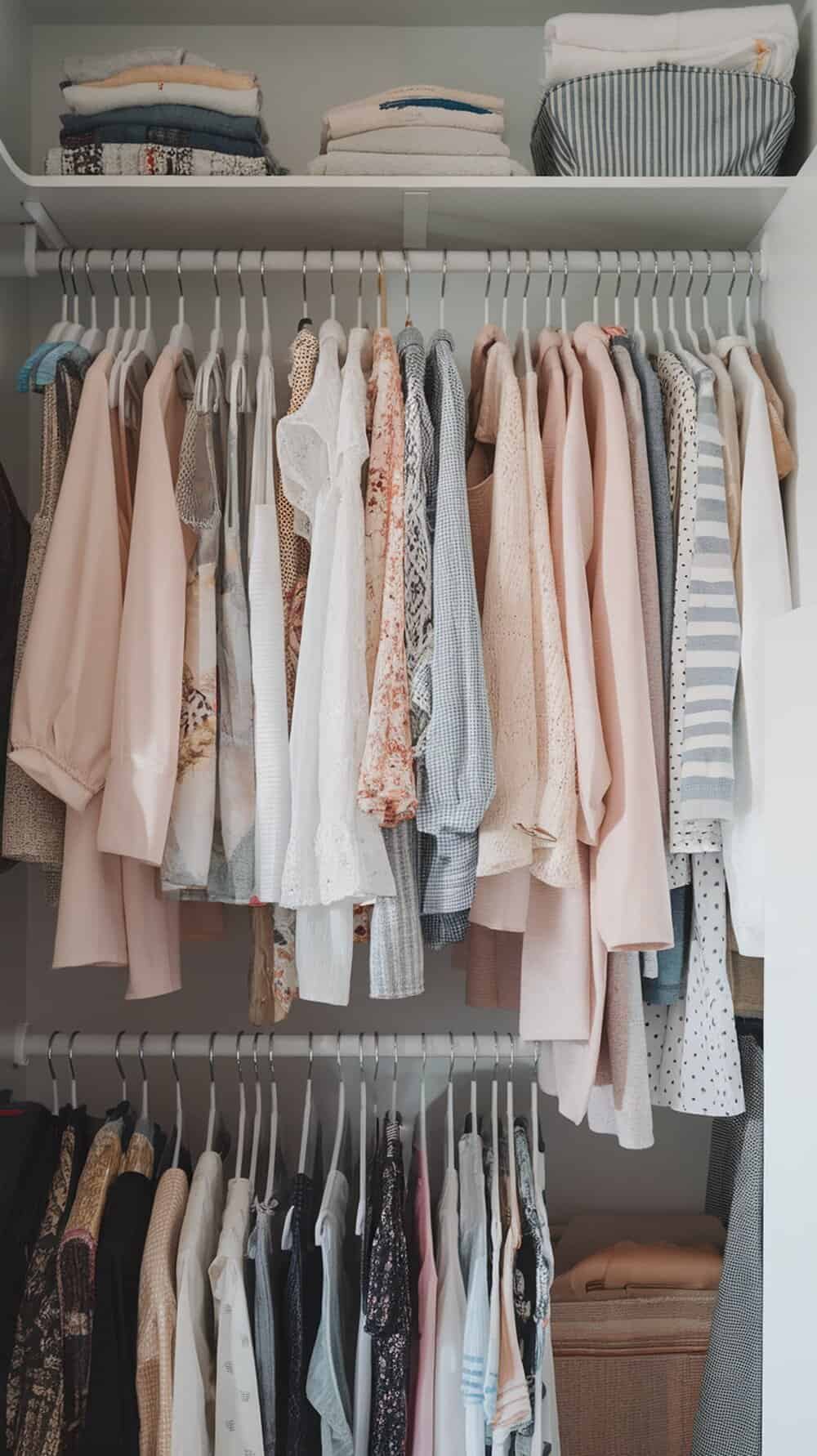 A well-organized closet with hanging rods at varying heights, showcasing a mix of clothing and neatly folded items.