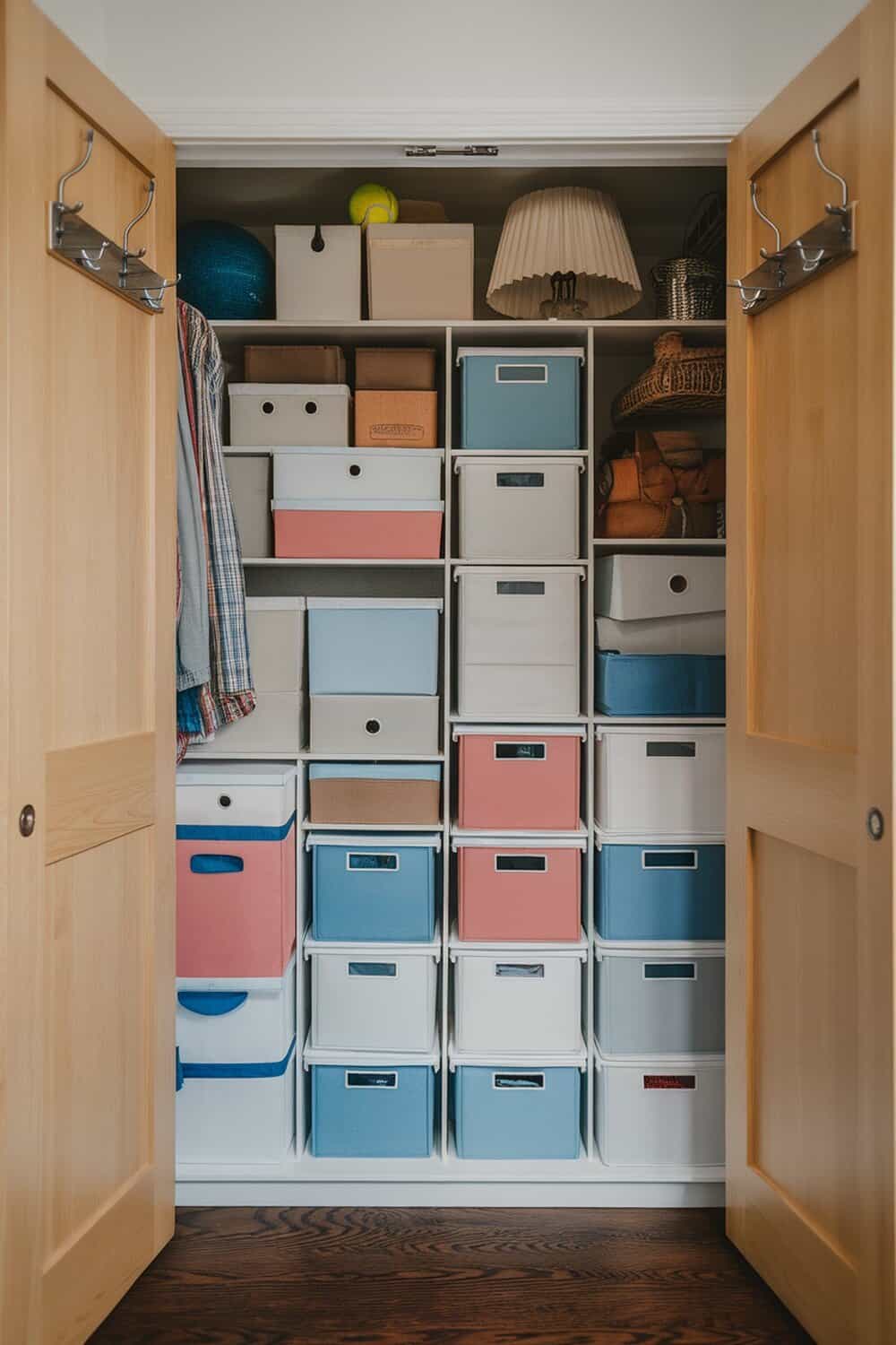 A neatly organized closet with foldable storage boxes in various colors.