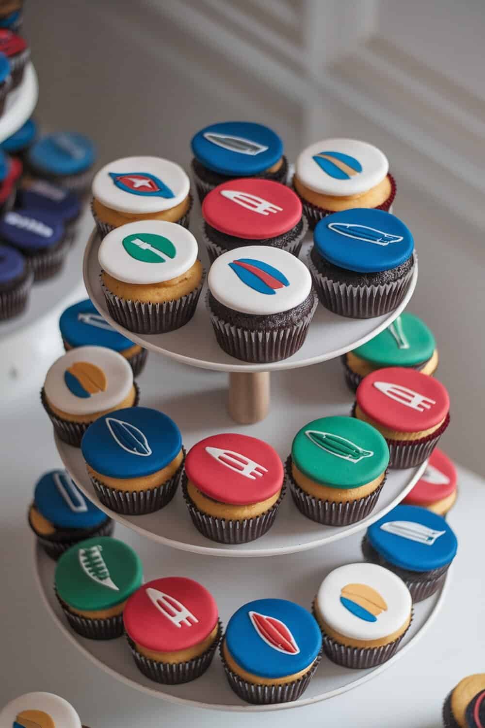 Cupcakes with colorful team logo toppers on a tiered stand.