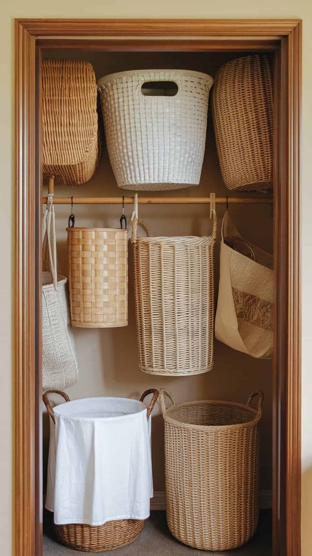 A variety of eco-friendly laundry baskets made from natural materials, displayed in a closet.