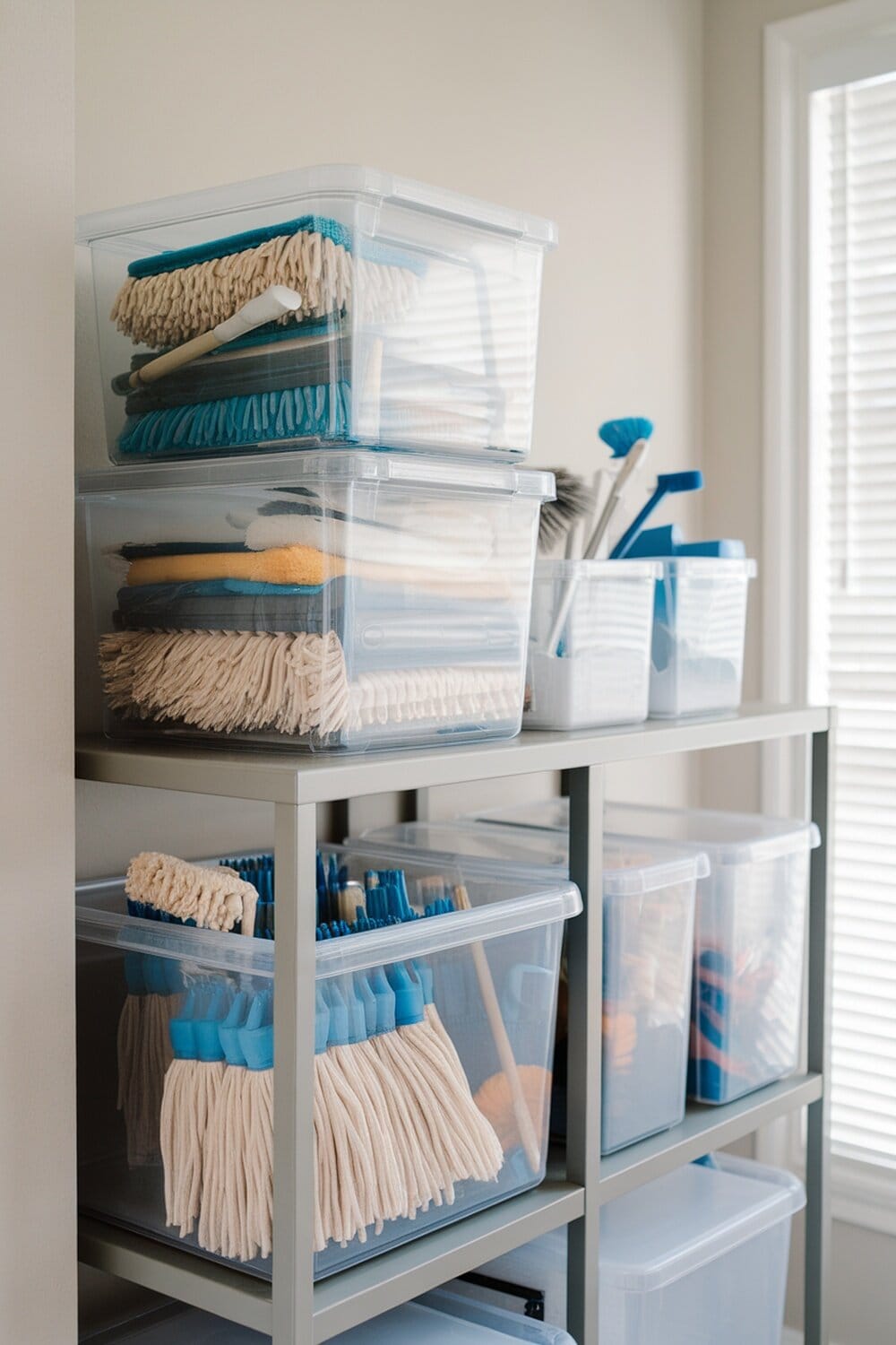 Clear containers stacked with mops and cleaning tools on a shelf.
