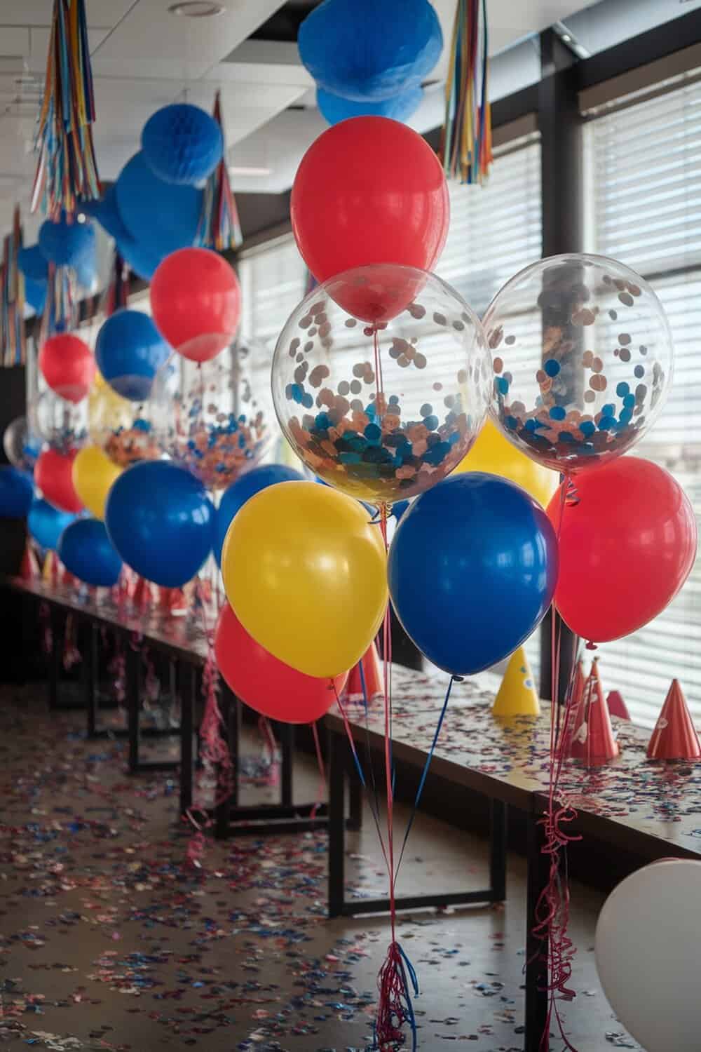 Colorful balloons filled with confetti for a Super Bowl party decoration.