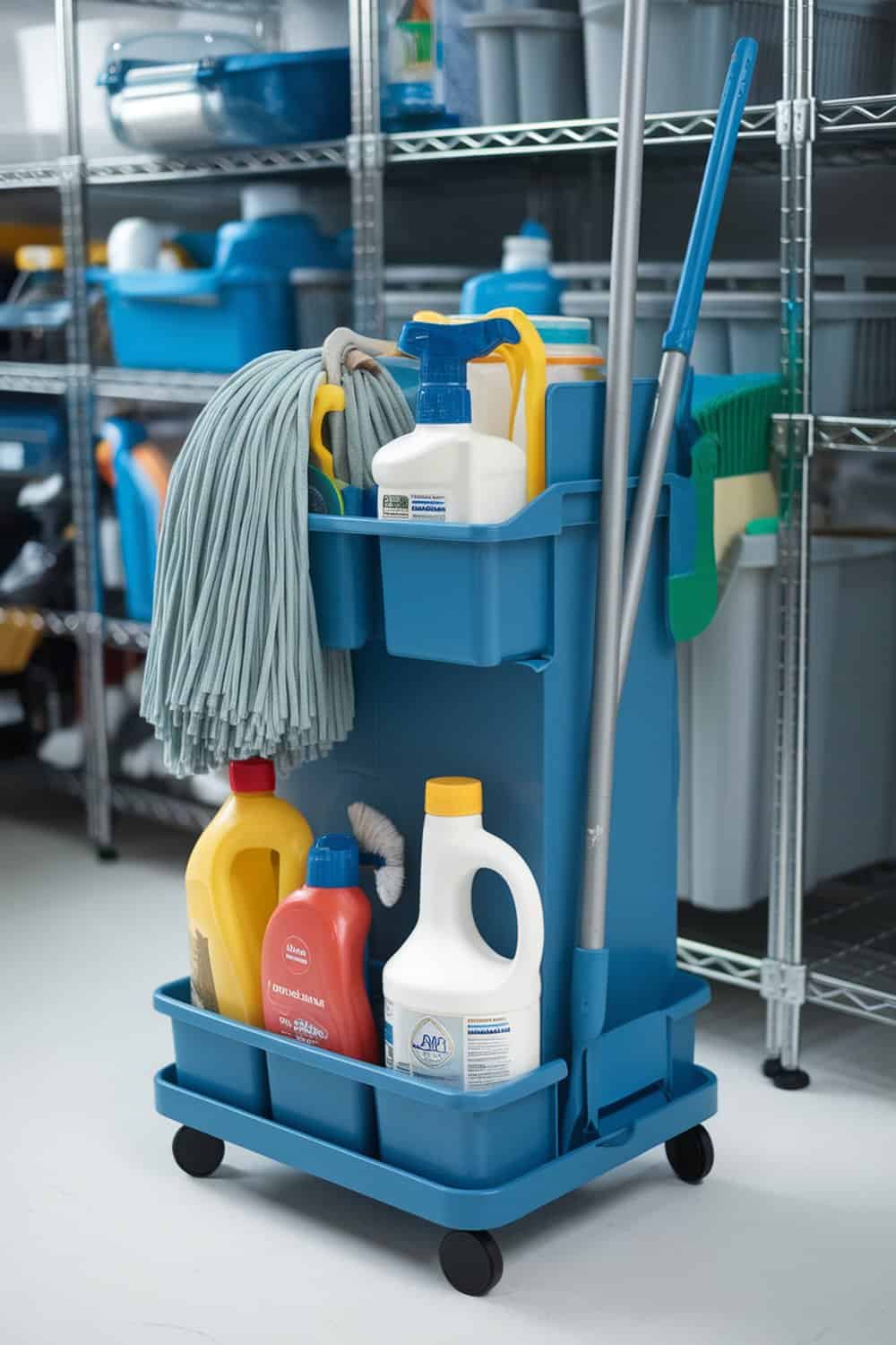 A blue portable mop organizer with cleaning supplies, including a mop and various bottles, on wheels.
