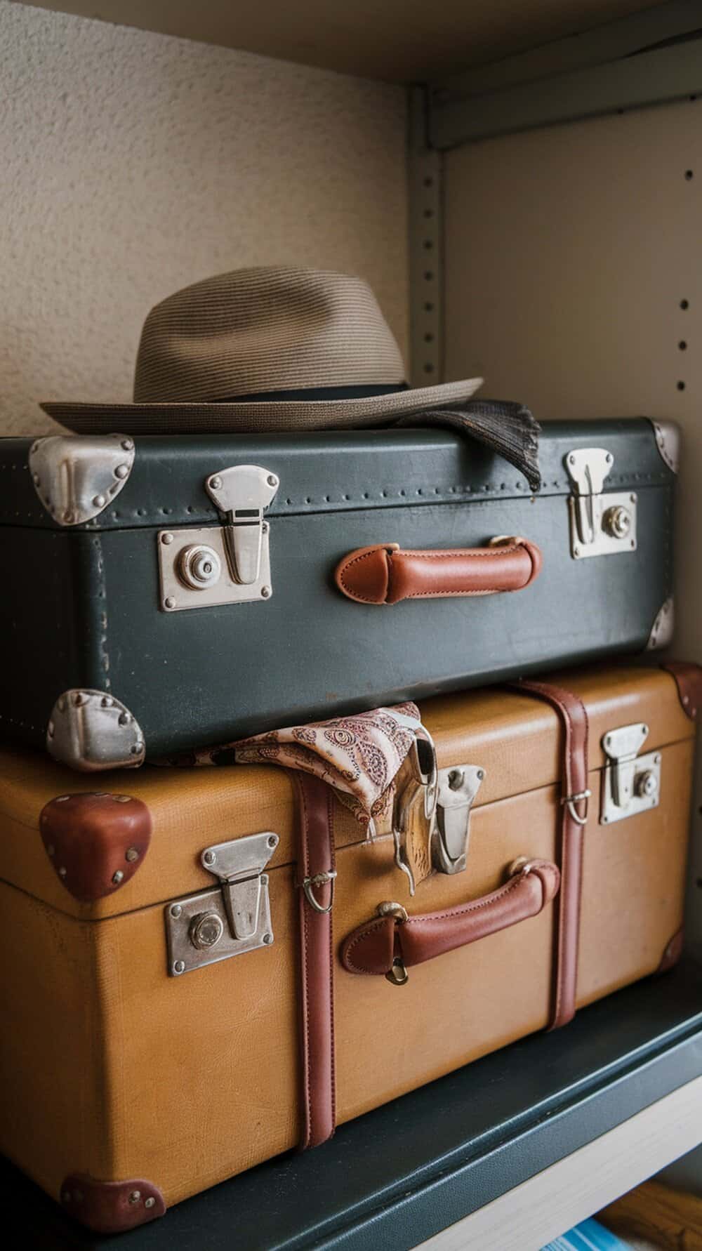 Two vintage suitcases stacked on a shelf with a hat on top.