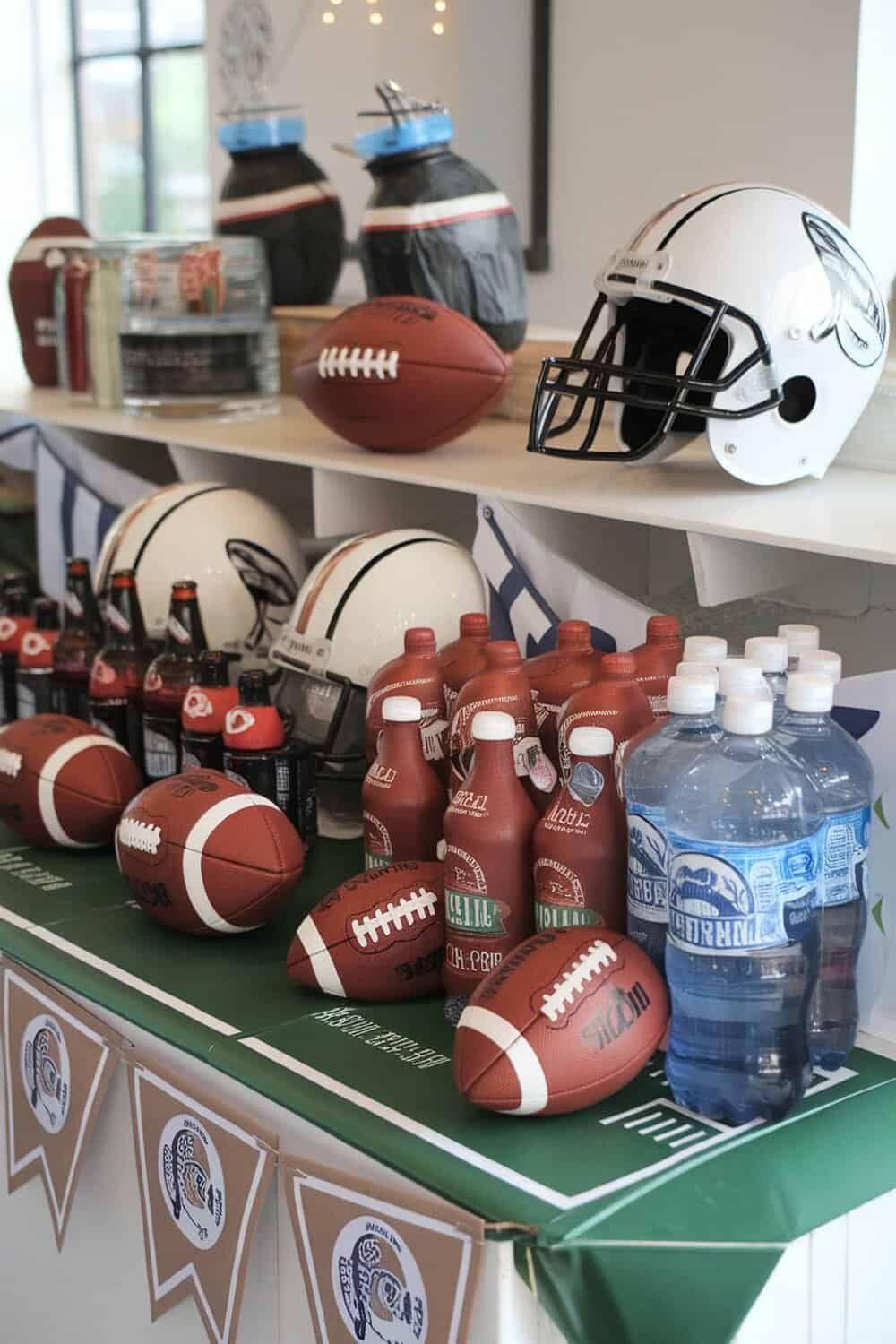 A football-themed drink station with various beverages and decorations.