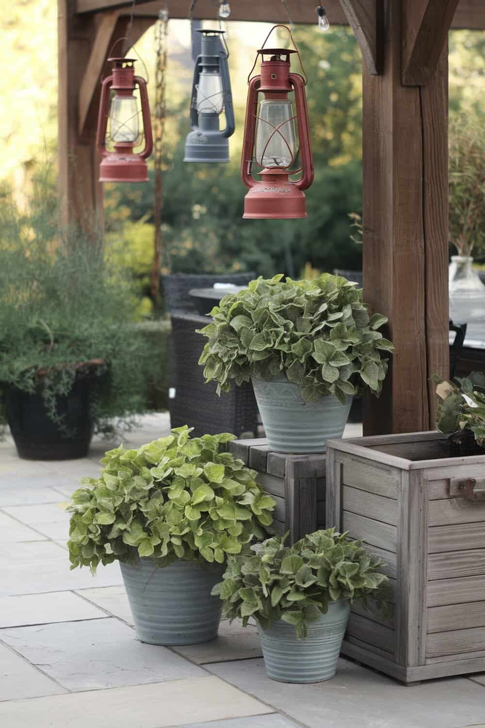 Outdoor decor with planters and hanging lanterns.