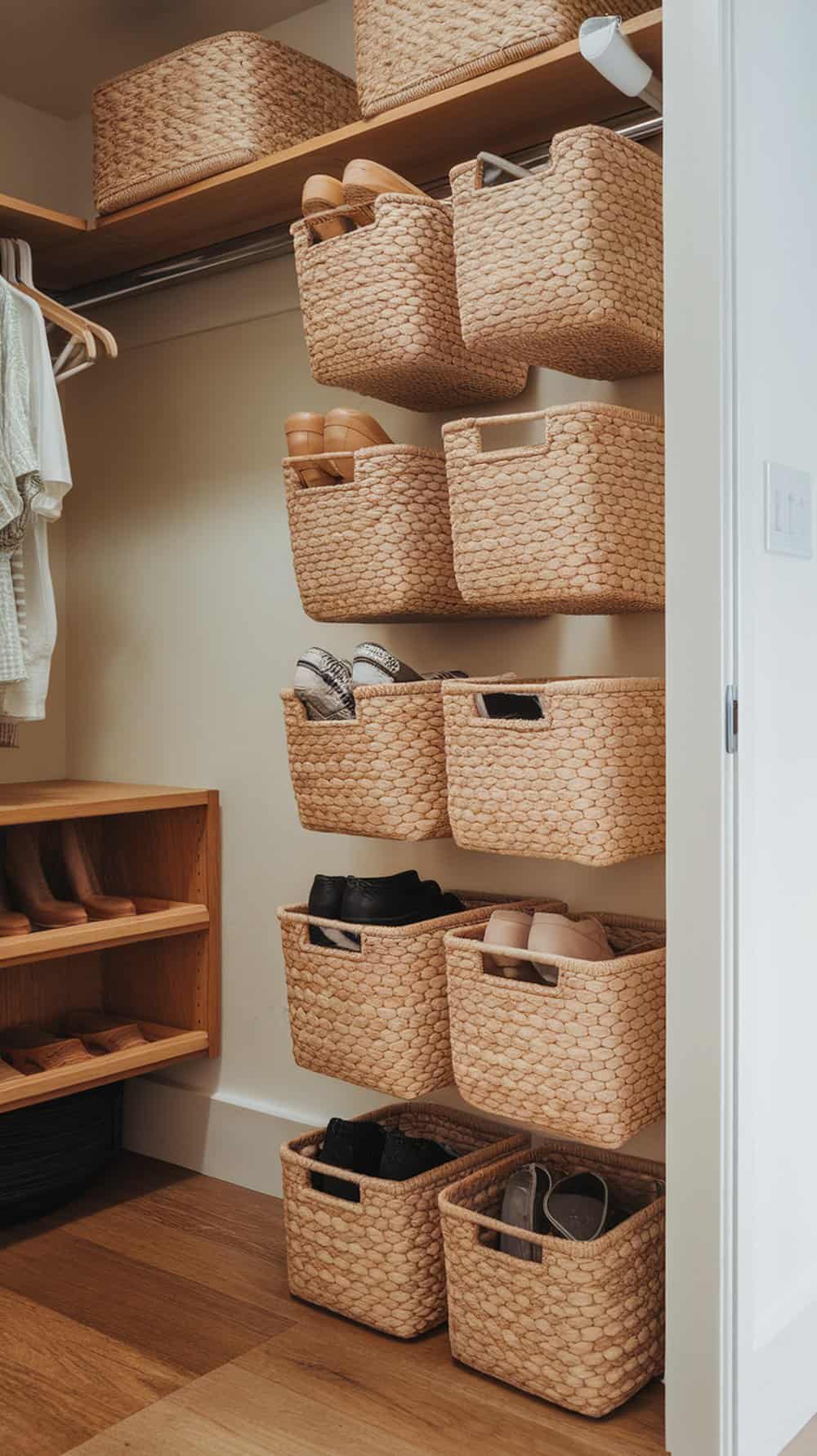 Natural fiber baskets organized in a closet for shoe storage.