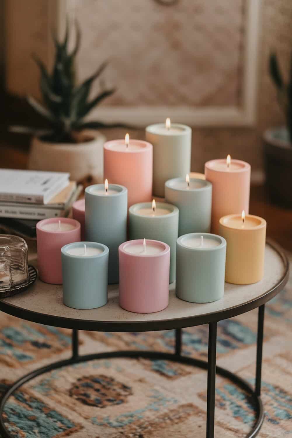 Colorful candles in pastel shades on a coffee table.