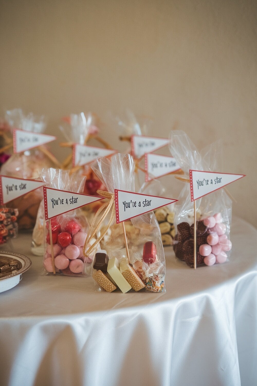 Valentine's Day treat bags filled with candies and labeled 'You're a star'