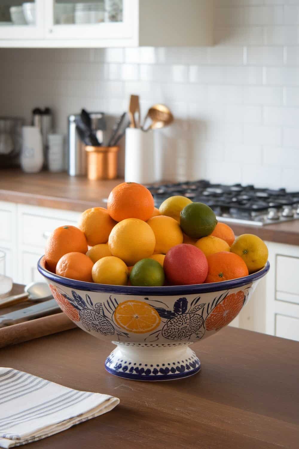 A colorful bowl of citrus fruits including oranges, lemons, and limes on a wooden kitchen table.