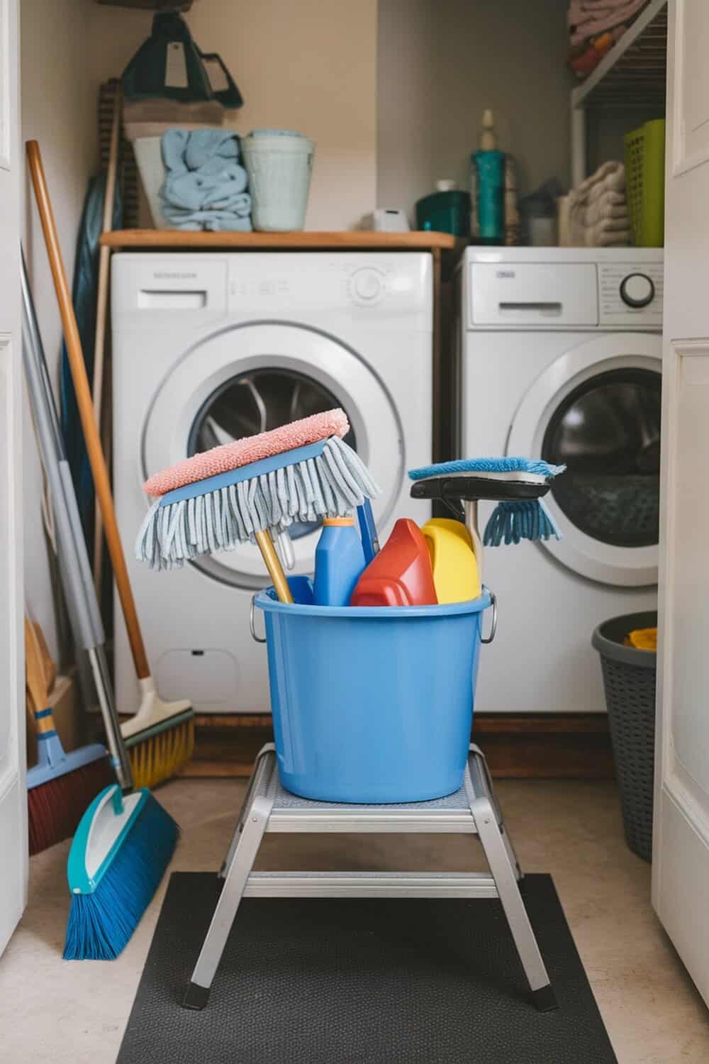A blue bucket filled with mops and cleaning supplies, placed on a step stool in a laundry room.