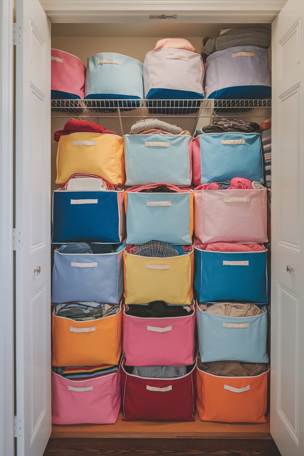 Colorful fabric storage bags neatly arranged in a closet.
