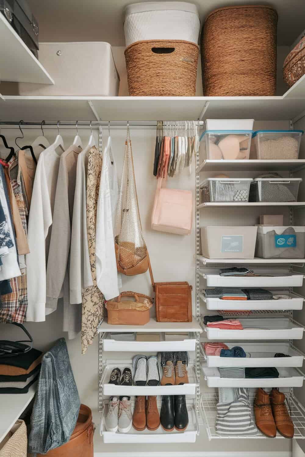 Organized closet with clothes, shoes, and storage bins.