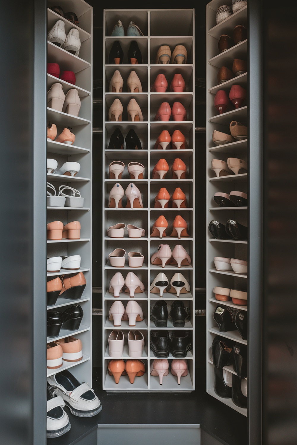 A tall shoe rack filled with various styles of shoes organized neatly.