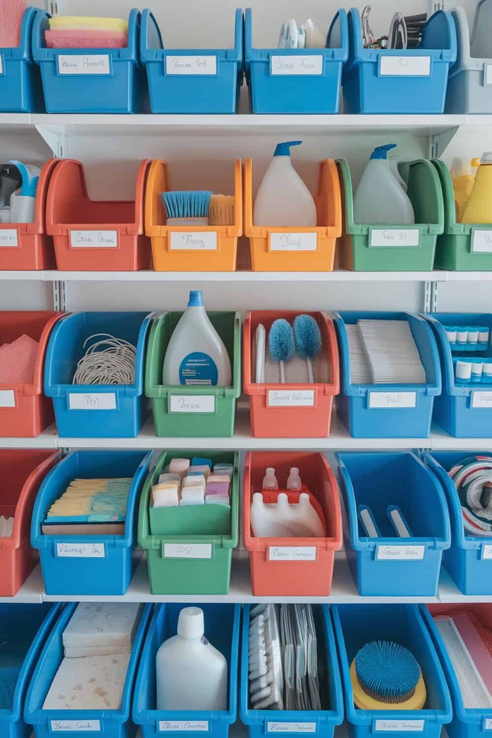 Color-coded storage bins for cleaning supplies on a shelf.