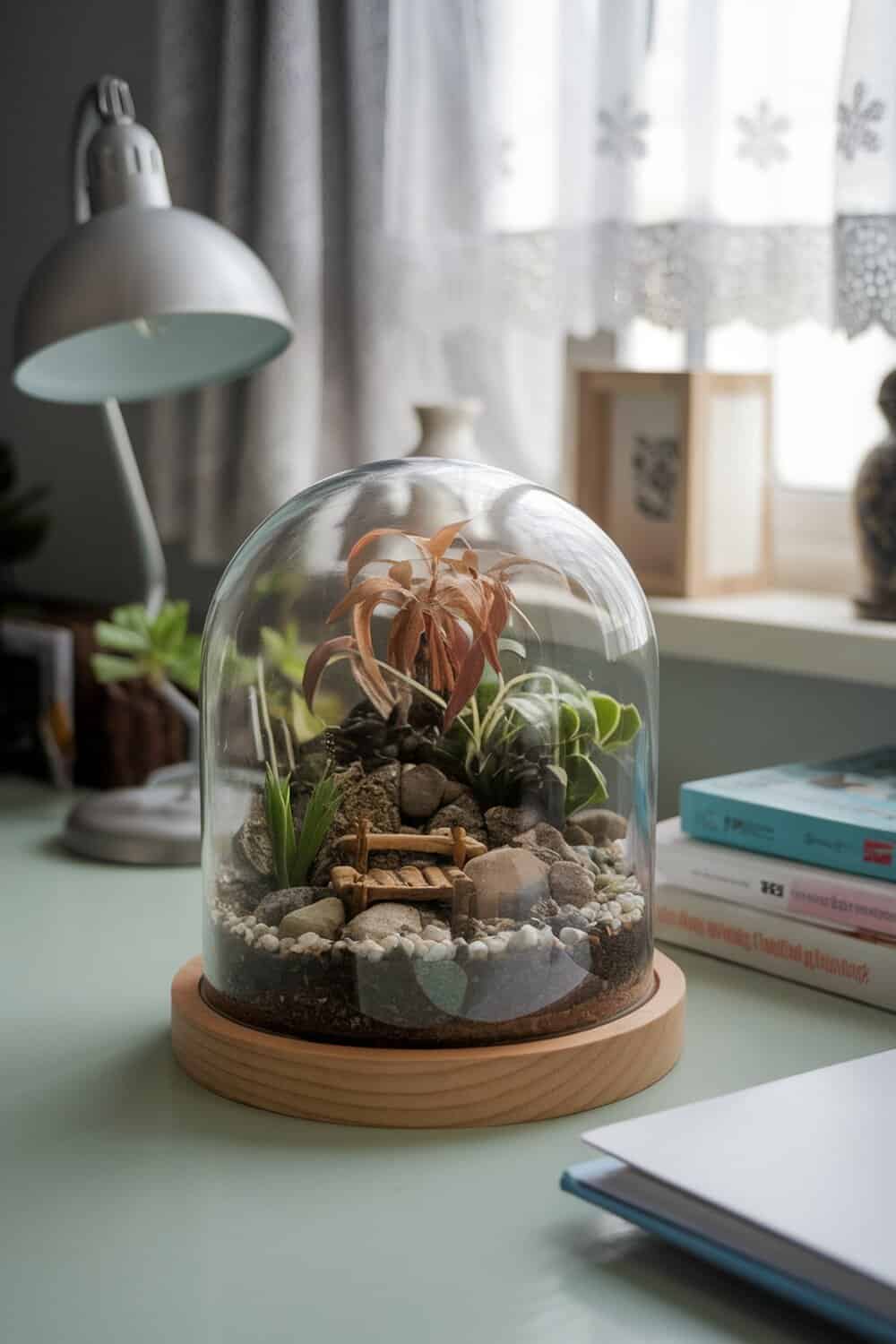A beautifully crafted terrarium with various plants and decorative stones.
