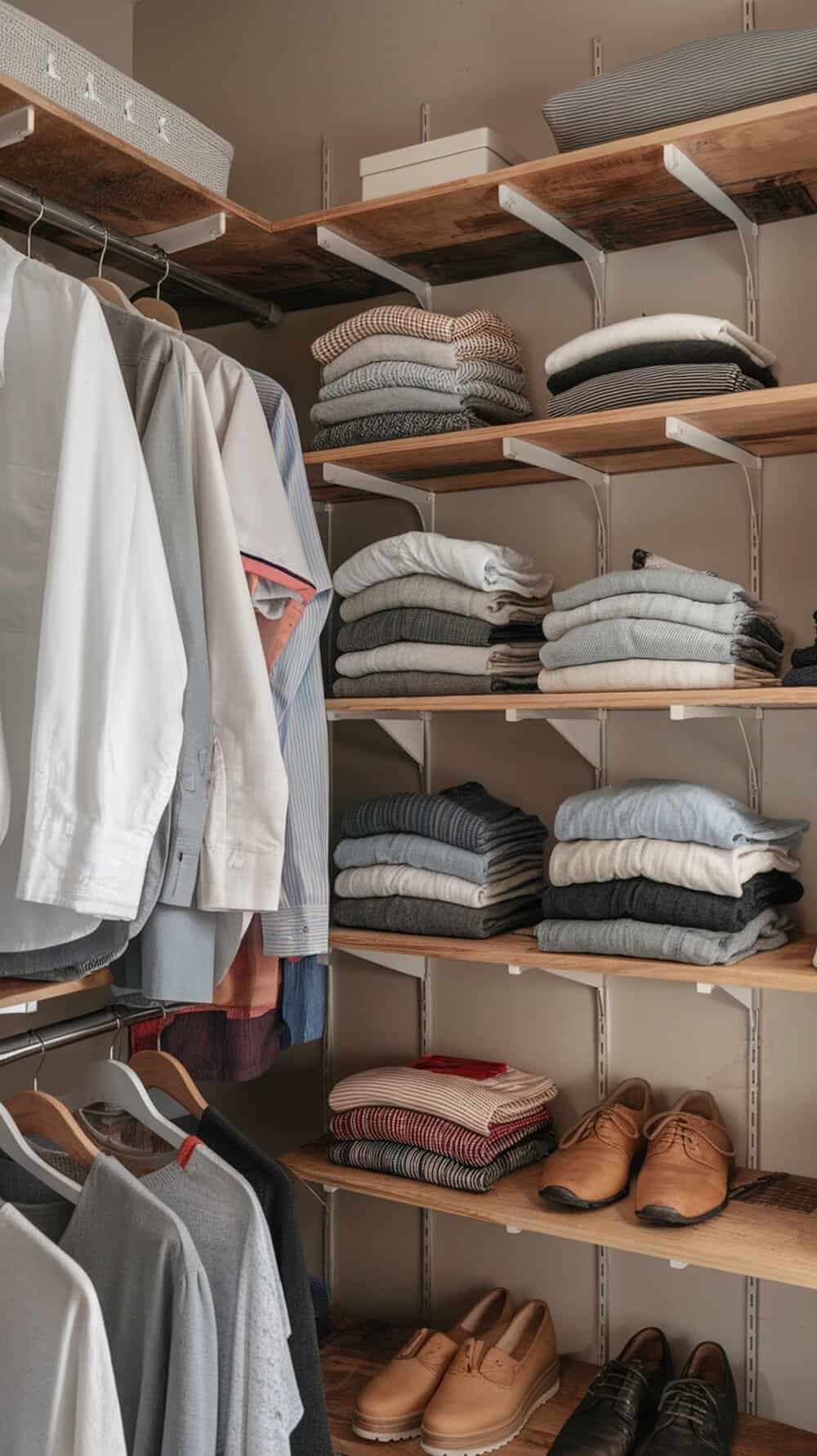 A closet with DIY shelves made from reclaimed wood, showcasing neatly folded clothes and shoes.