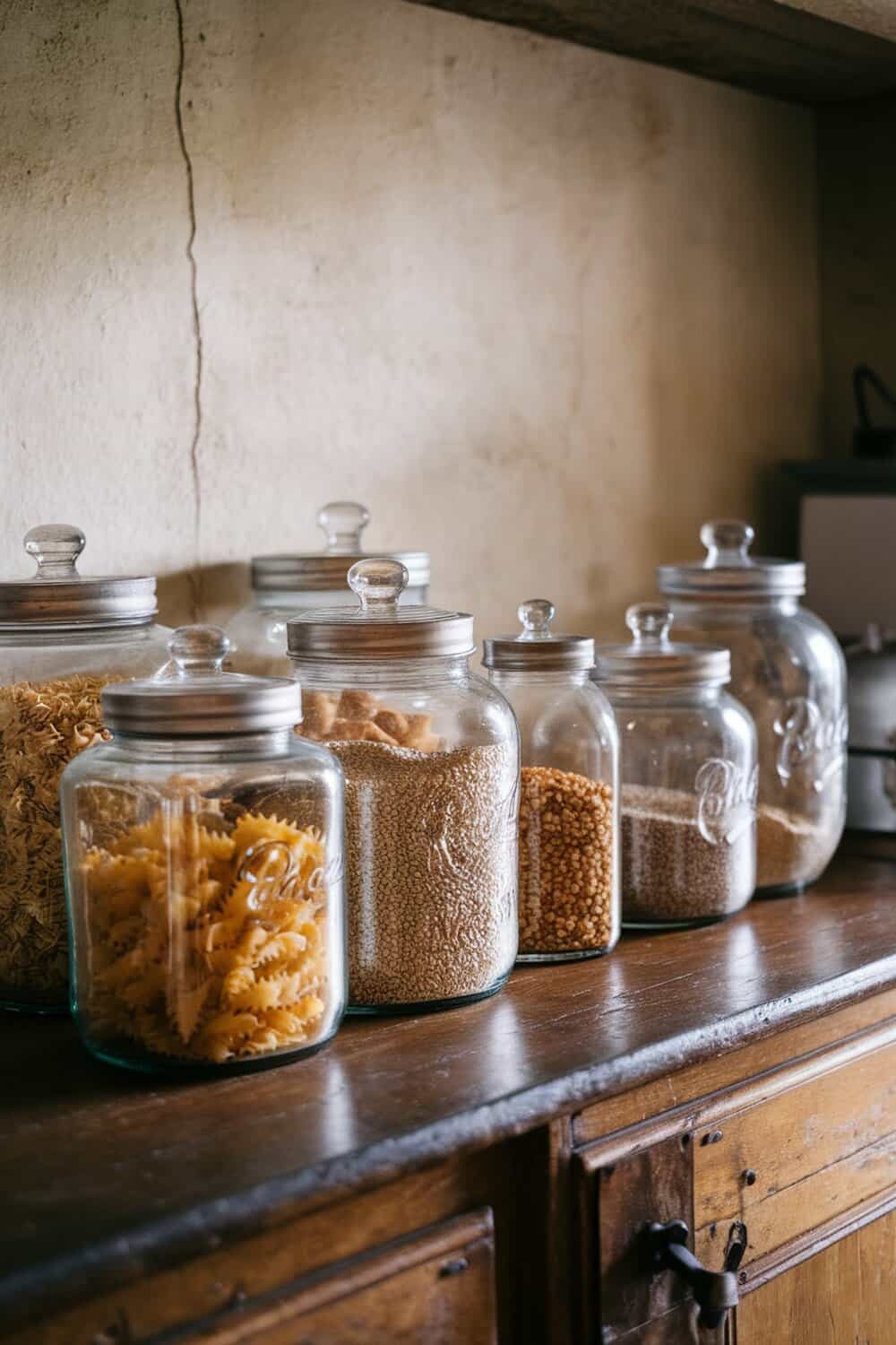 A collection of vintage glass jars filled with various dry goods, arranged on a wooden shelf.