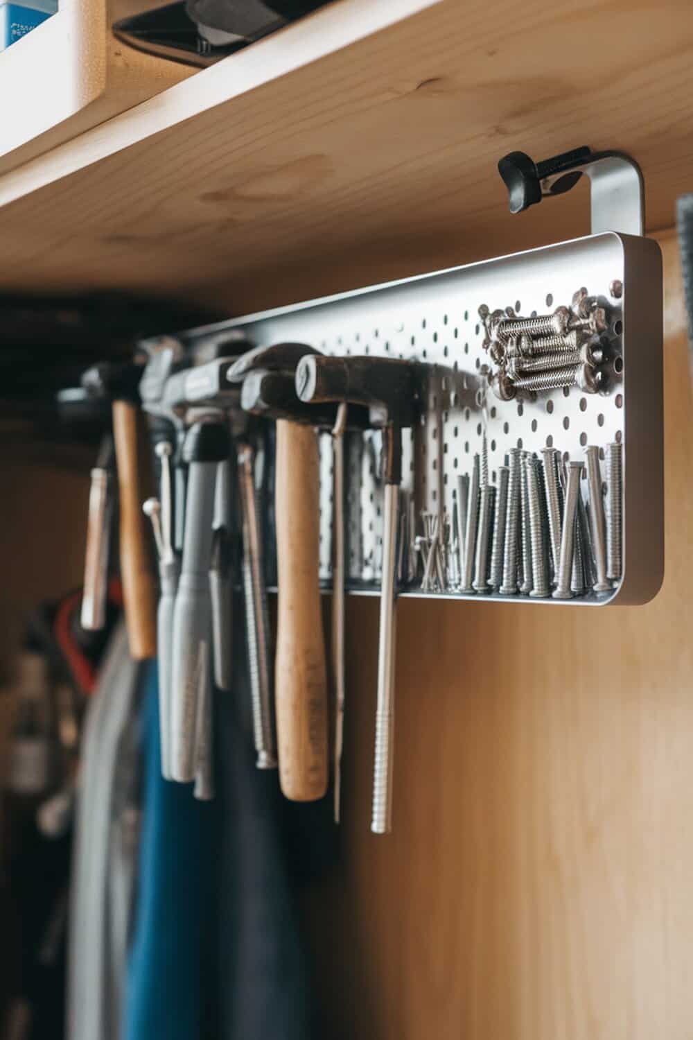 A magnetic strip holding various small metal tools and screws in a closet.
