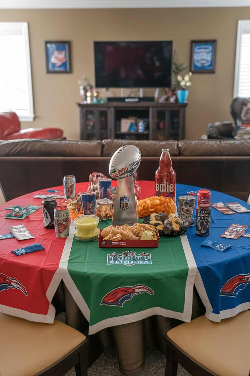 A table decorated with team color tablecloths, snacks, and drinks for a Super Bowl party.