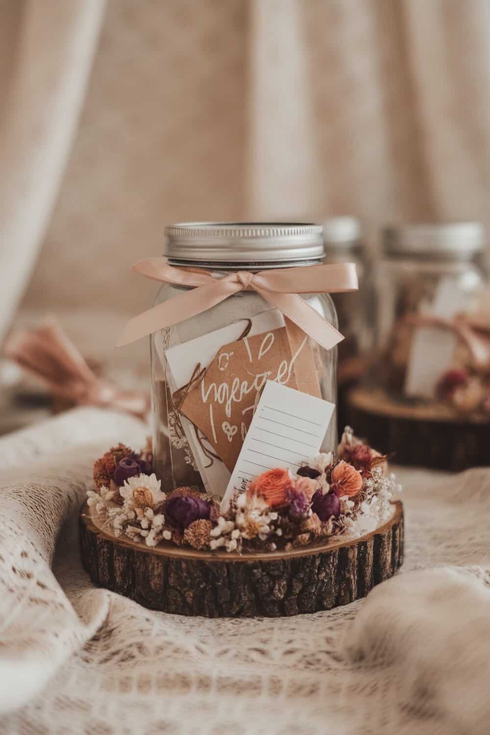 A decorated mason jar filled with notes and flowers, tied with a ribbon.
