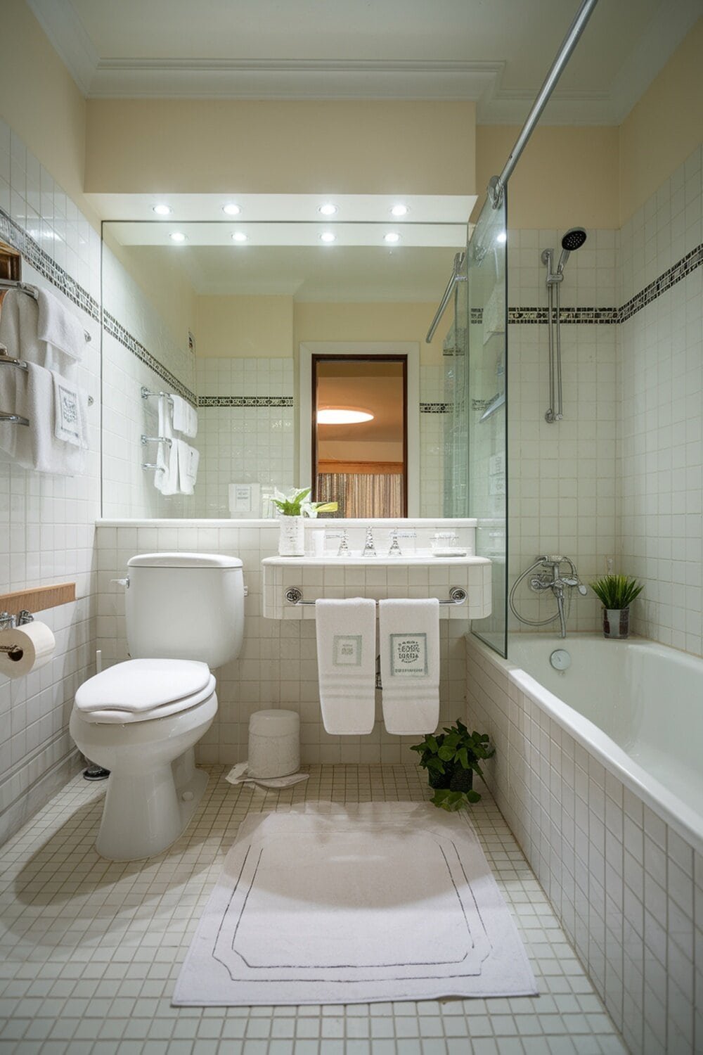 A clean and organized bathroom with white tiles, a bathtub, and neatly arranged towels.