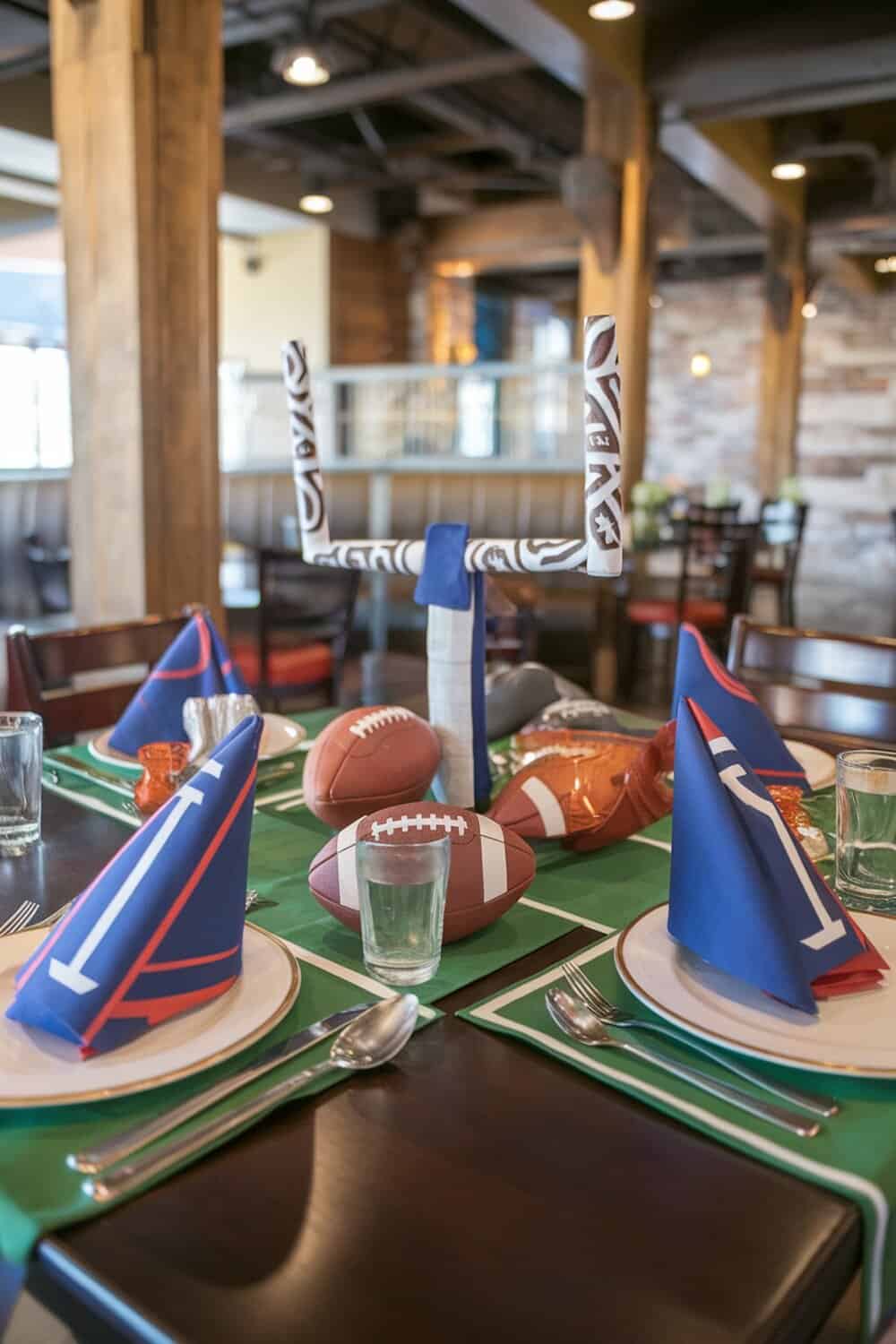 Table set with football jersey napkins and decorations for a football party.