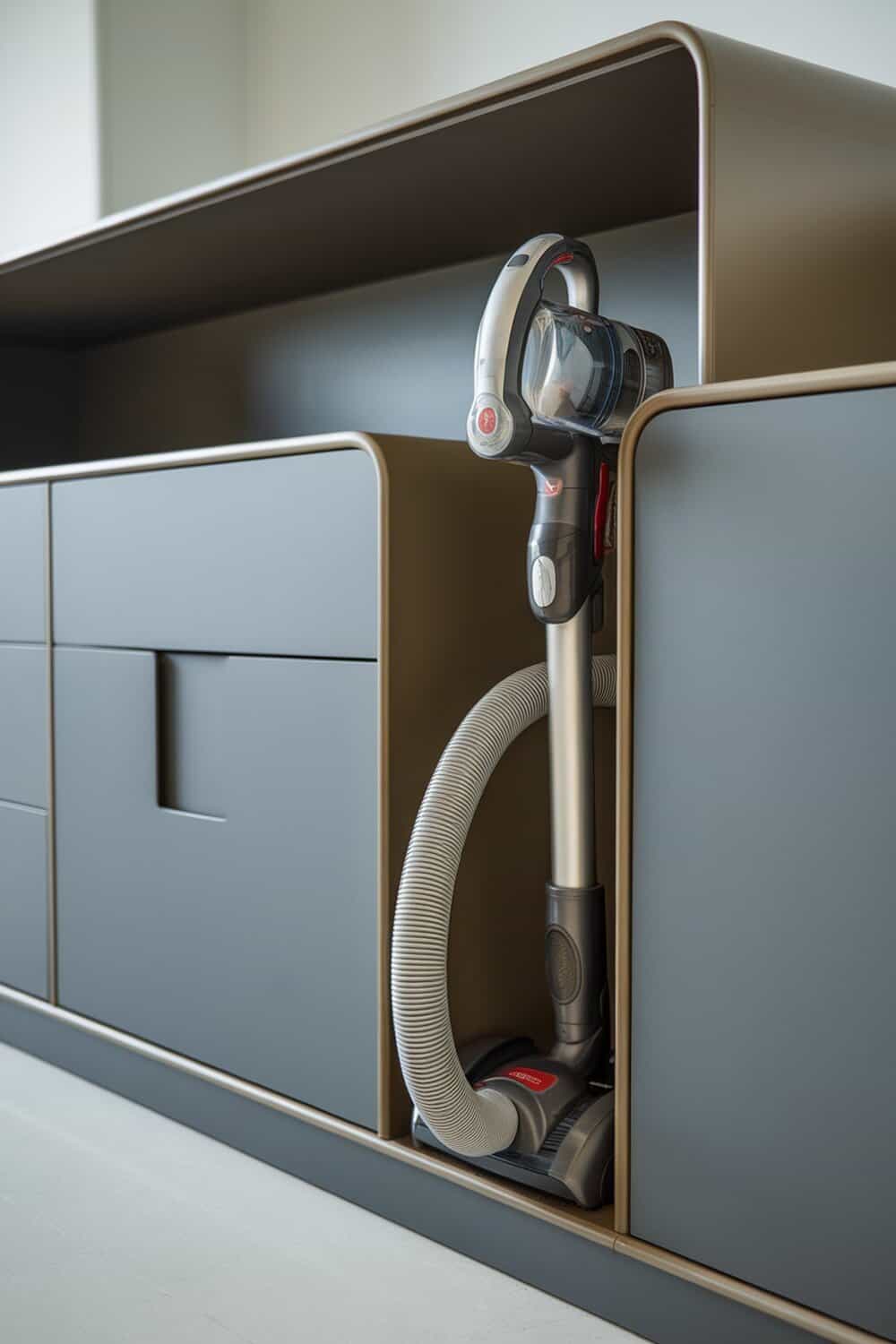 A modern cabinet with a vacuum cleaner stored inside, showcasing built-in storage solutions.