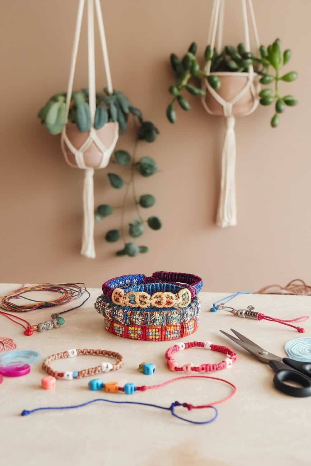 A variety of colorful DIY friendship bracelets and crafting materials on a table.