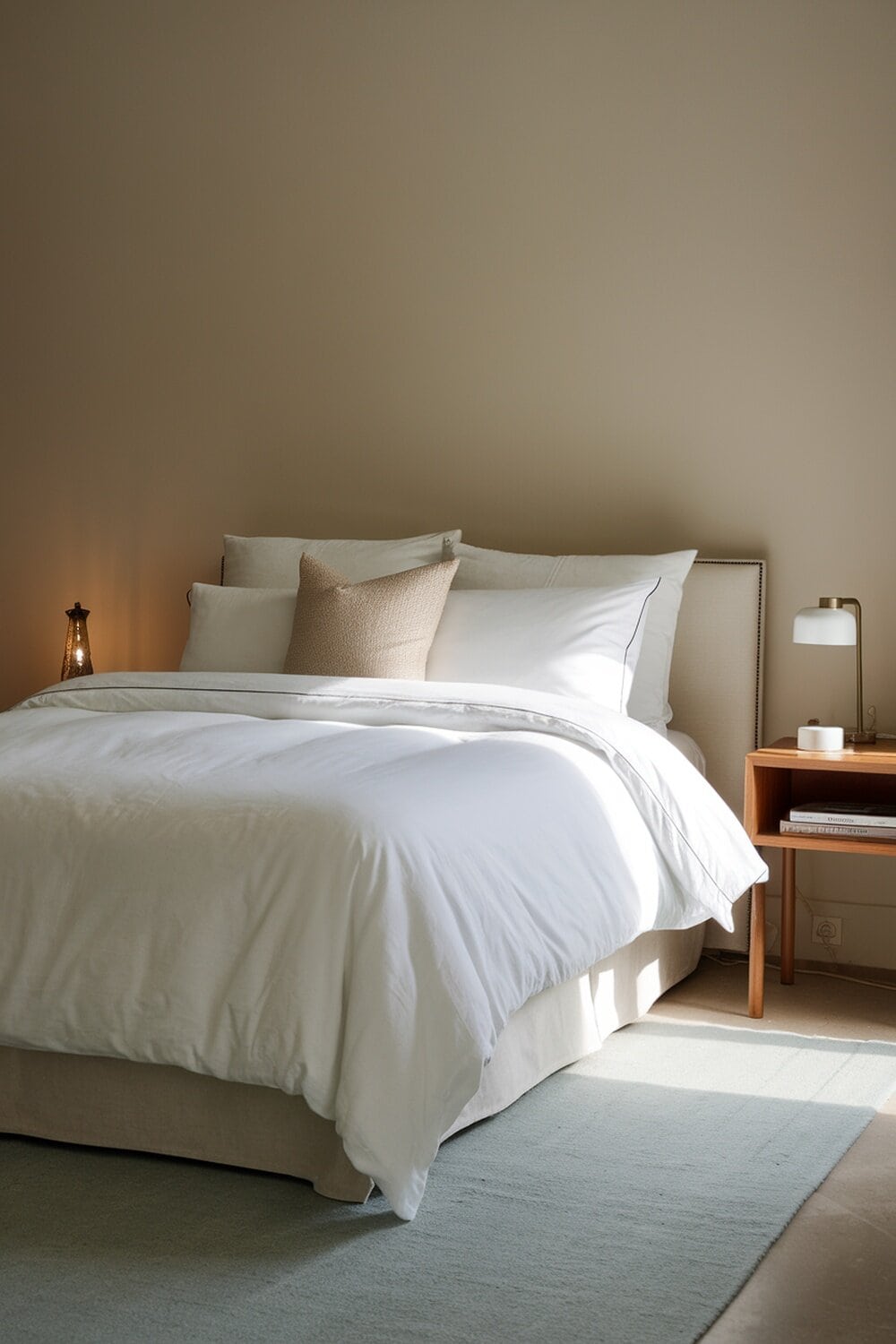 A neatly made bed with white bedding and a cozy pillow, accompanied by a stylish nightstand and lamp.