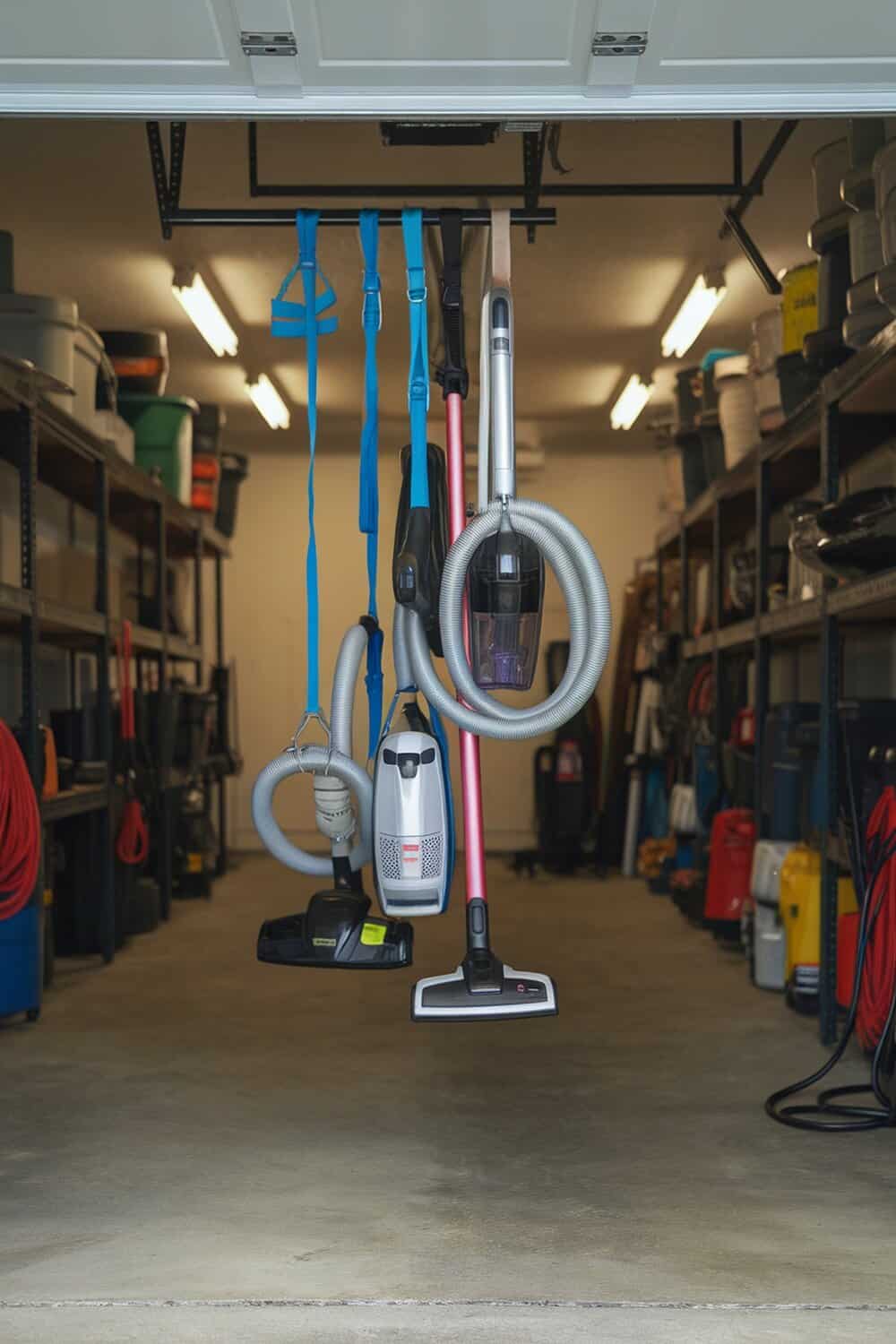 A garage with vacuum cleaners hanging on a rack, showcasing an organized storage solution.