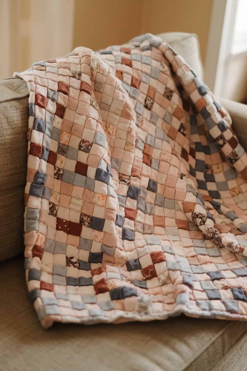 A colorful memory blanket draped over a couch.