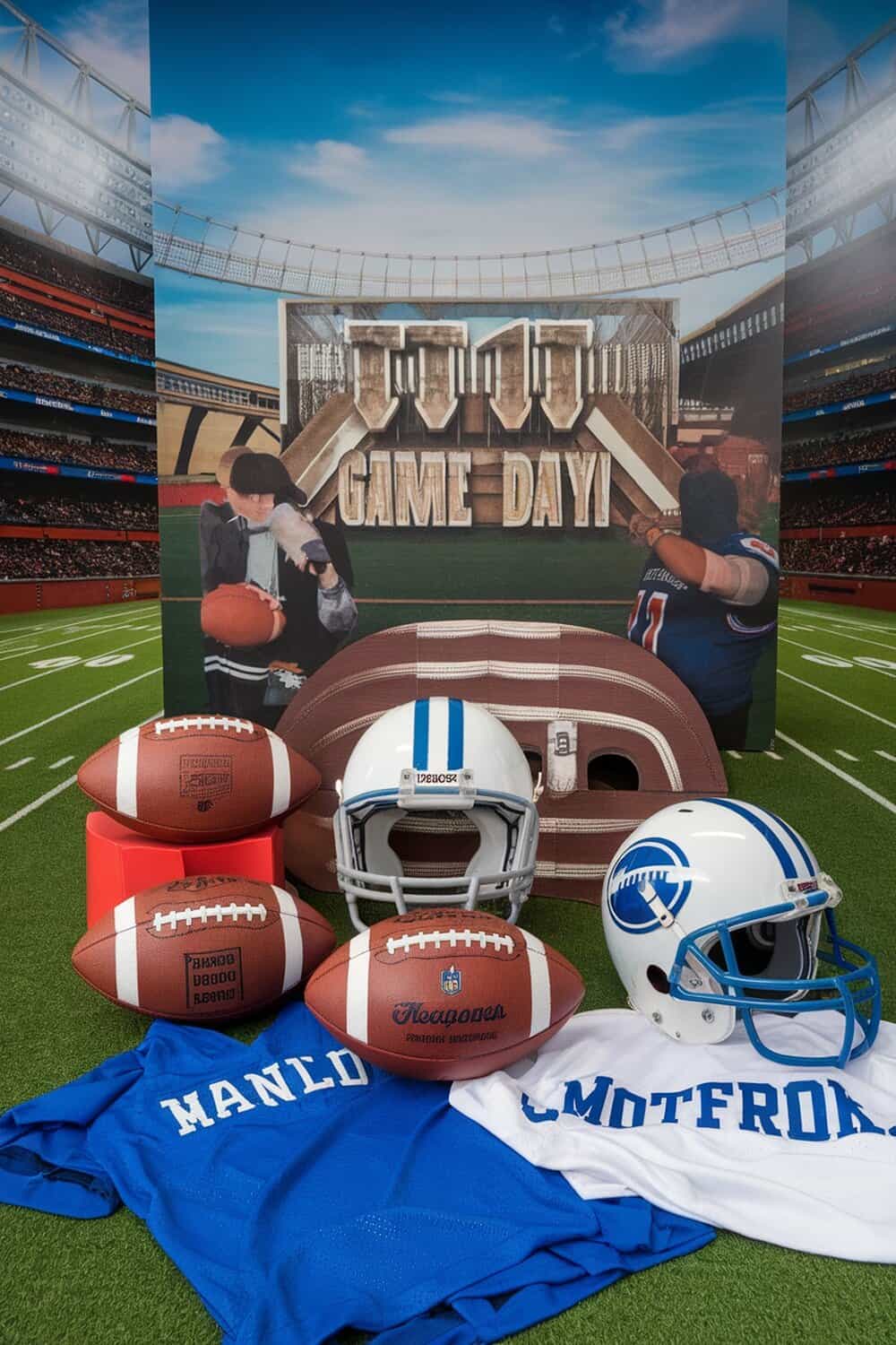Football-themed photo booth with props and backdrop for game day.