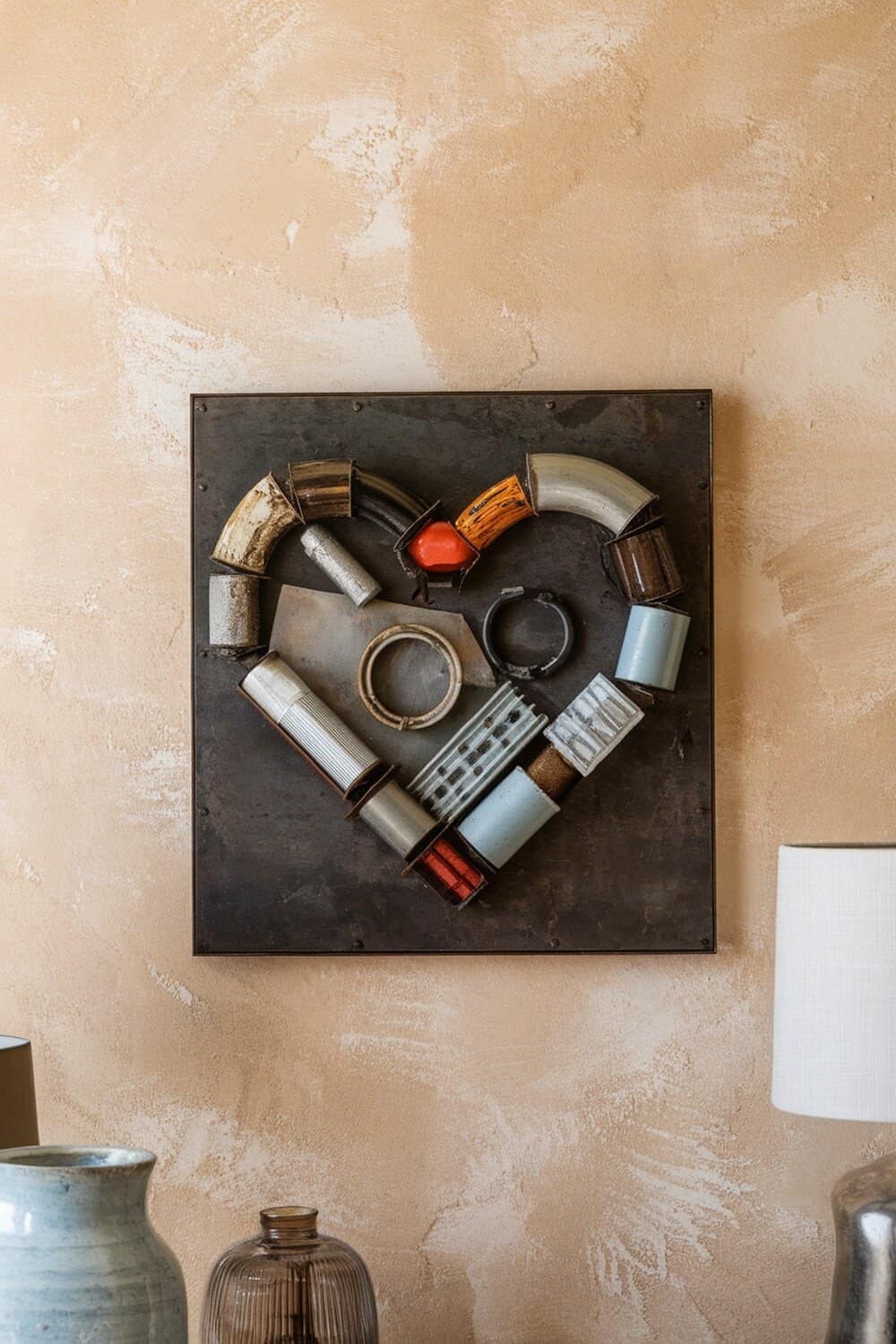 Heart-shaped wall art made from various materials.