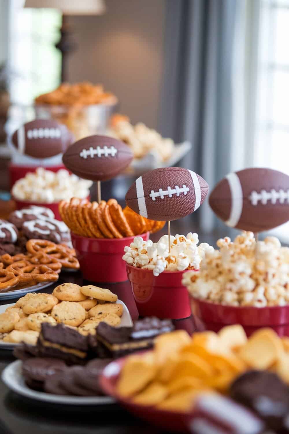 Mini football centerpieces with snacks for a Super Bowl party.