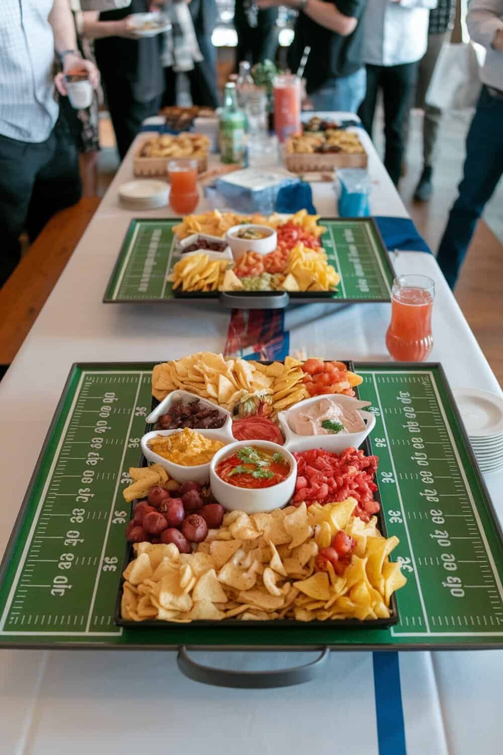 A football-themed serving tray filled with snacks like chips, dips, and veggies.