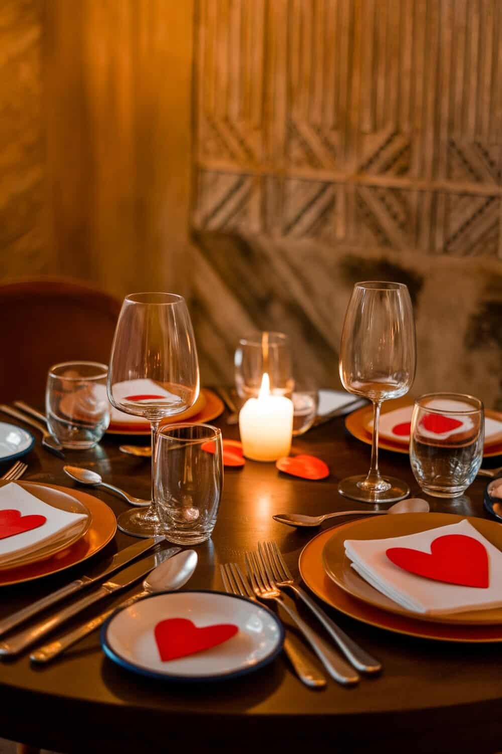 A beautifully set table with heart-shaped place cards, candles, and elegant glassware.