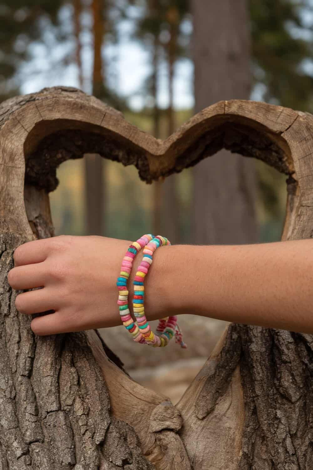 A hand wearing colorful friendship bracelets against a heart-shaped wooden background.