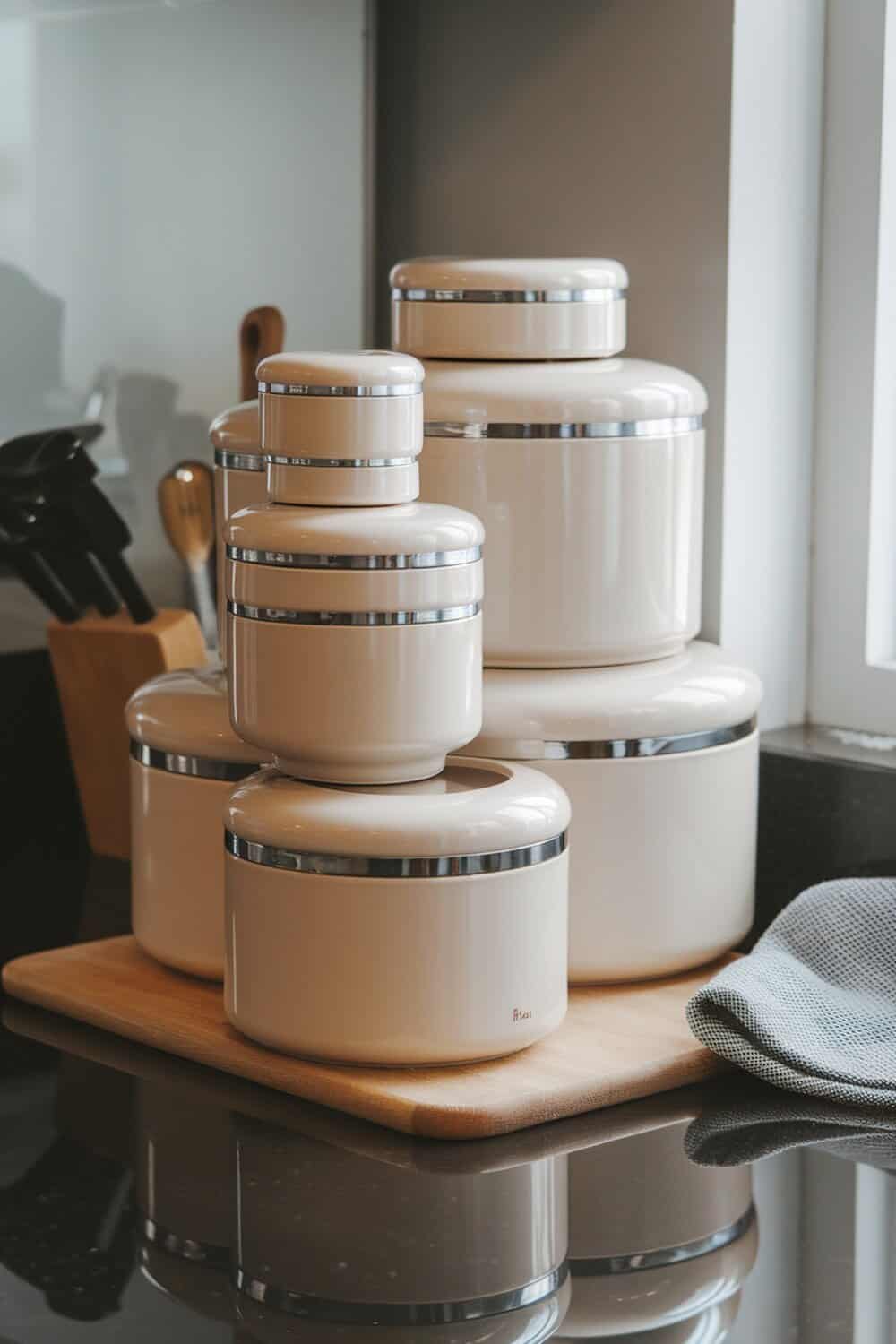 A set of stackable canisters in a modern kitchen setting.