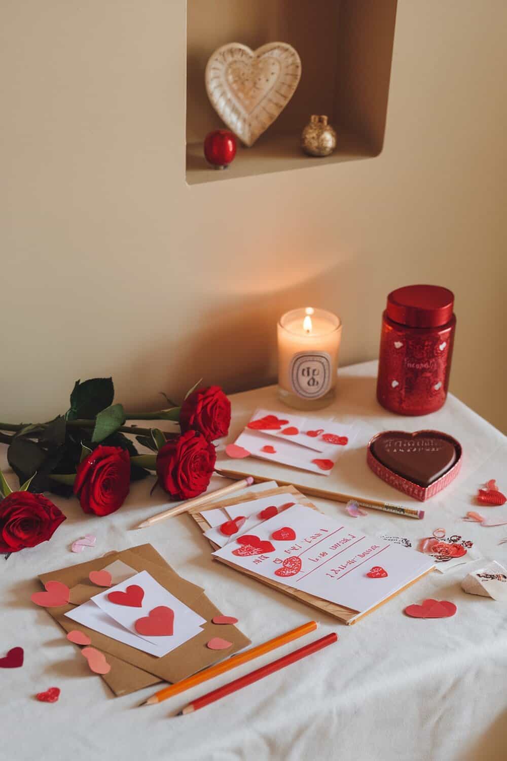 A table setup featuring red roses, love notes, and a candle, creating a romantic atmosphere.
