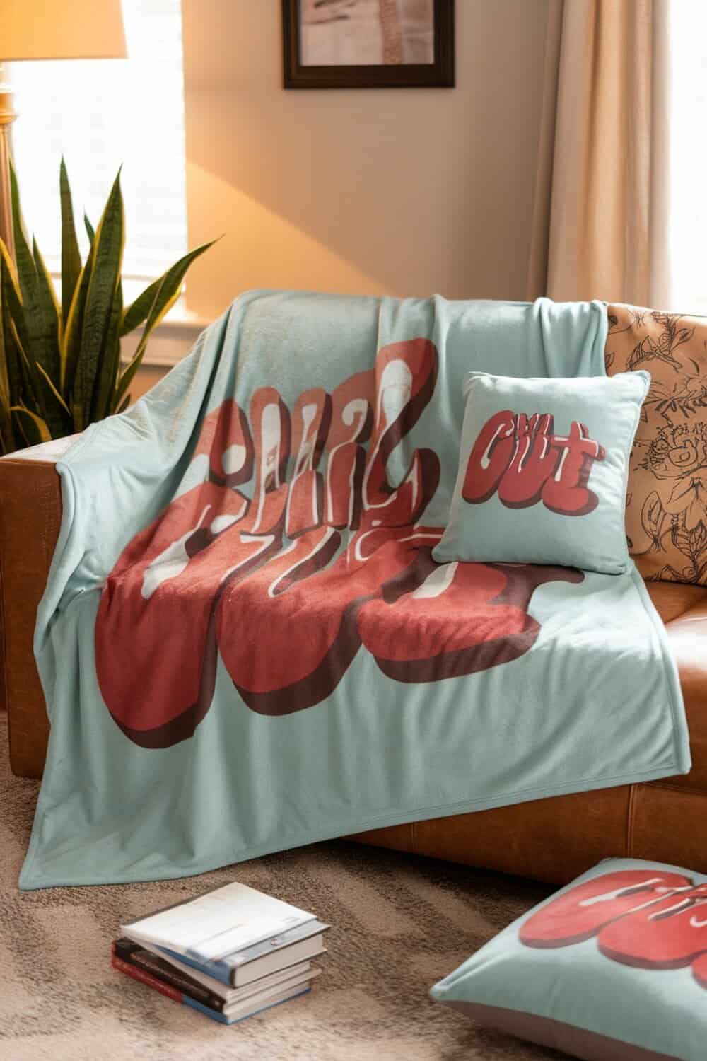 A personalized blanket with a stylish design draped over a couch.