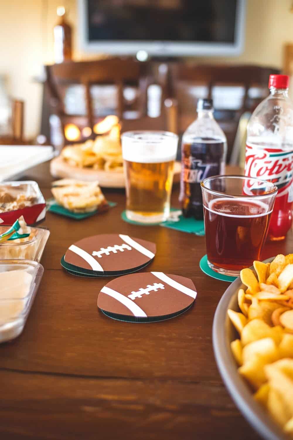 DIY football coasters on a table with snacks and drinks for a Super Bowl party.