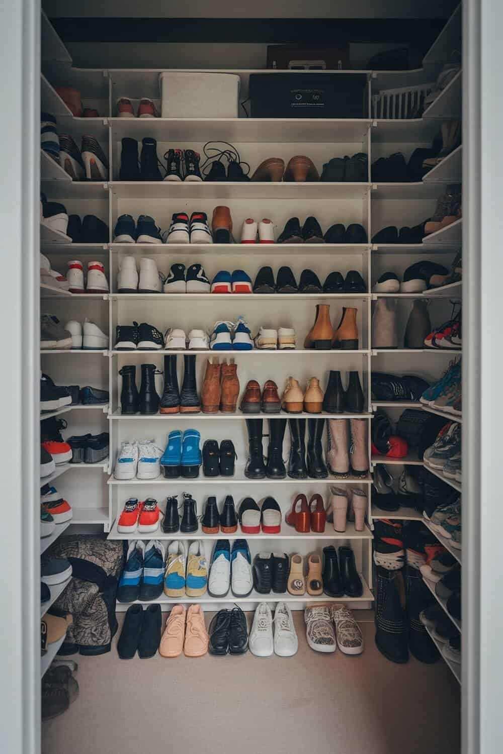 A well-organized closet with multiple shoe racks displaying various types of shoes.