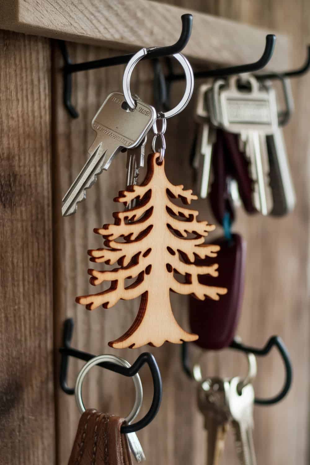 A wooden keychain shaped like a tree hanging with keys on a hook.