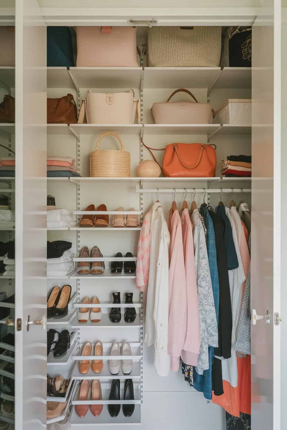 A well-organized closet with shelves displaying bags, shoes, and folded clothes.